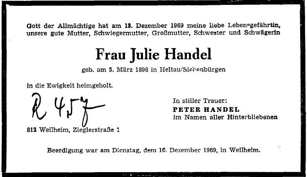 Bonfert Julie 1896-1969 Todesanzeige